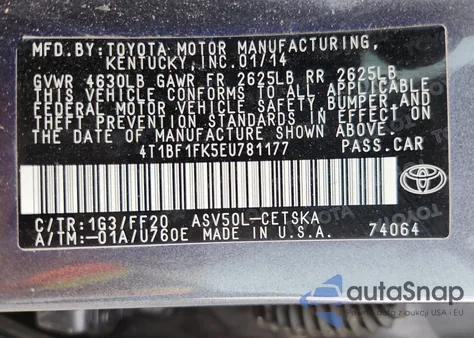 2014 Toyota Camry L z USA, uszkodzony, nr VIN 4T1BF1FK5EU781177